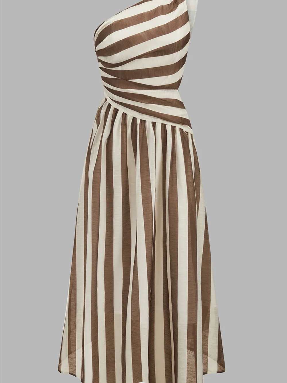 Commense One-Shoulder Striped Ring Detail Midi Dress in Brown and White - XL - Picture 3 of 9